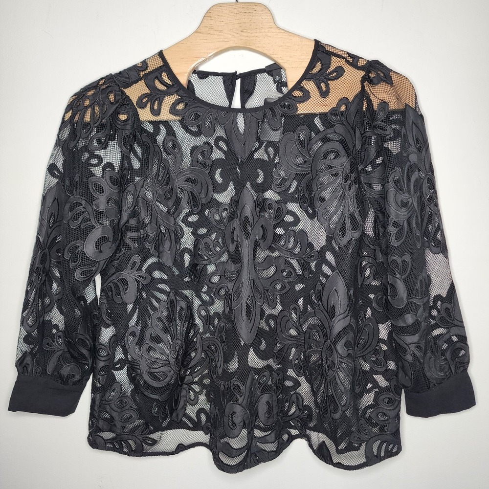 Torrid Sheer Mesh Blouse With Embroidery Long Sleeve‎ Black Top Size 3X NWT